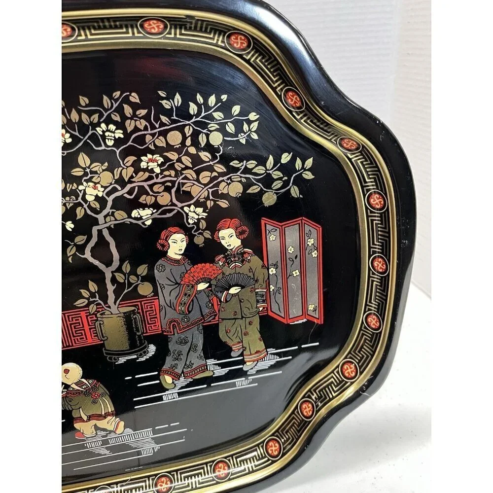 Vintage Asian Tin Serving Tray Made in England Chinese Emperor Throne Oriental